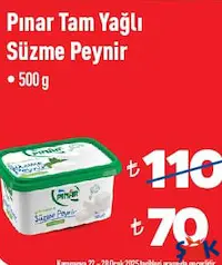 PINAR TAM YAĞLI SÜZME PEYNİR 500 G